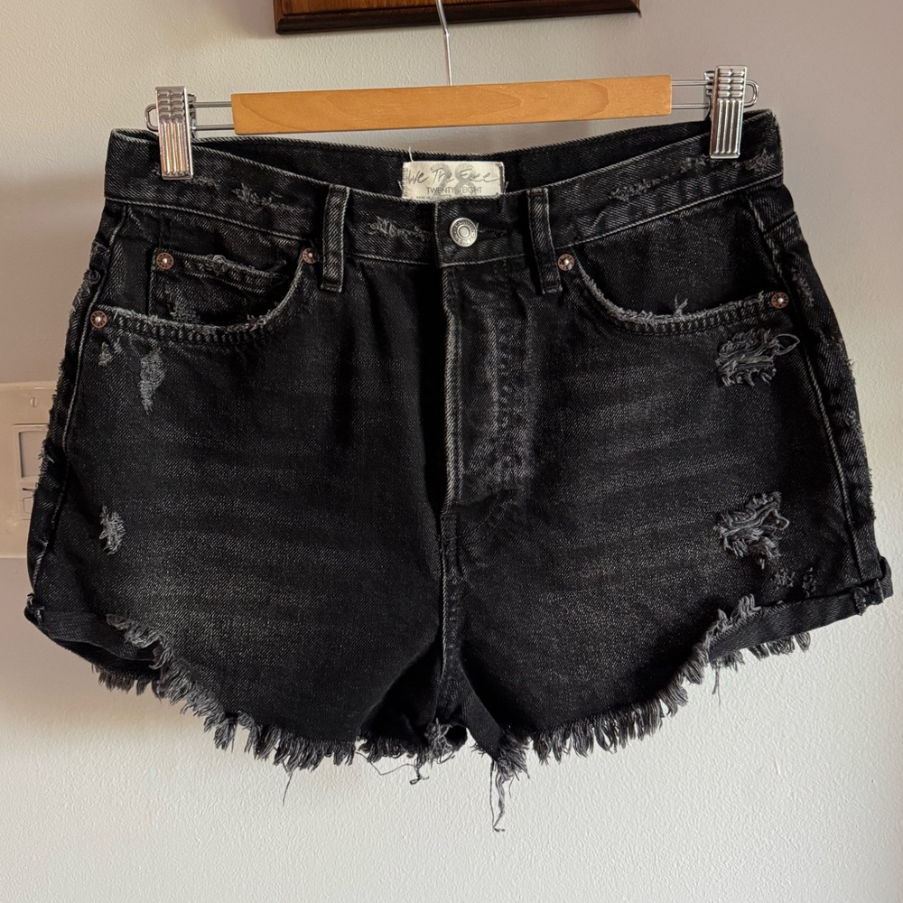 We The Free Distressed Black Denim Button Fly Cut Off Style High Waist Shorts 28